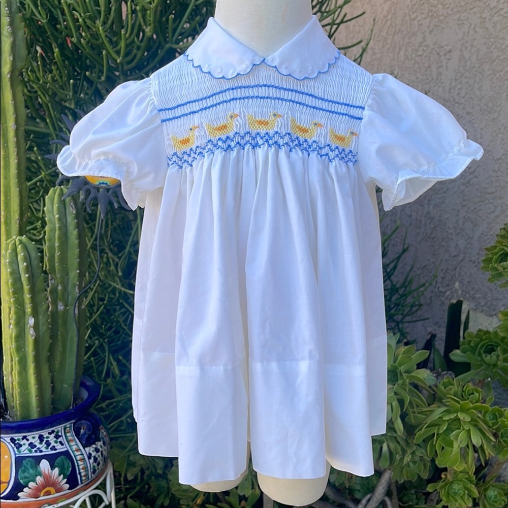 Vintage A Little Angel Baby Dress Sz 12M Smocked Rubber Ducks